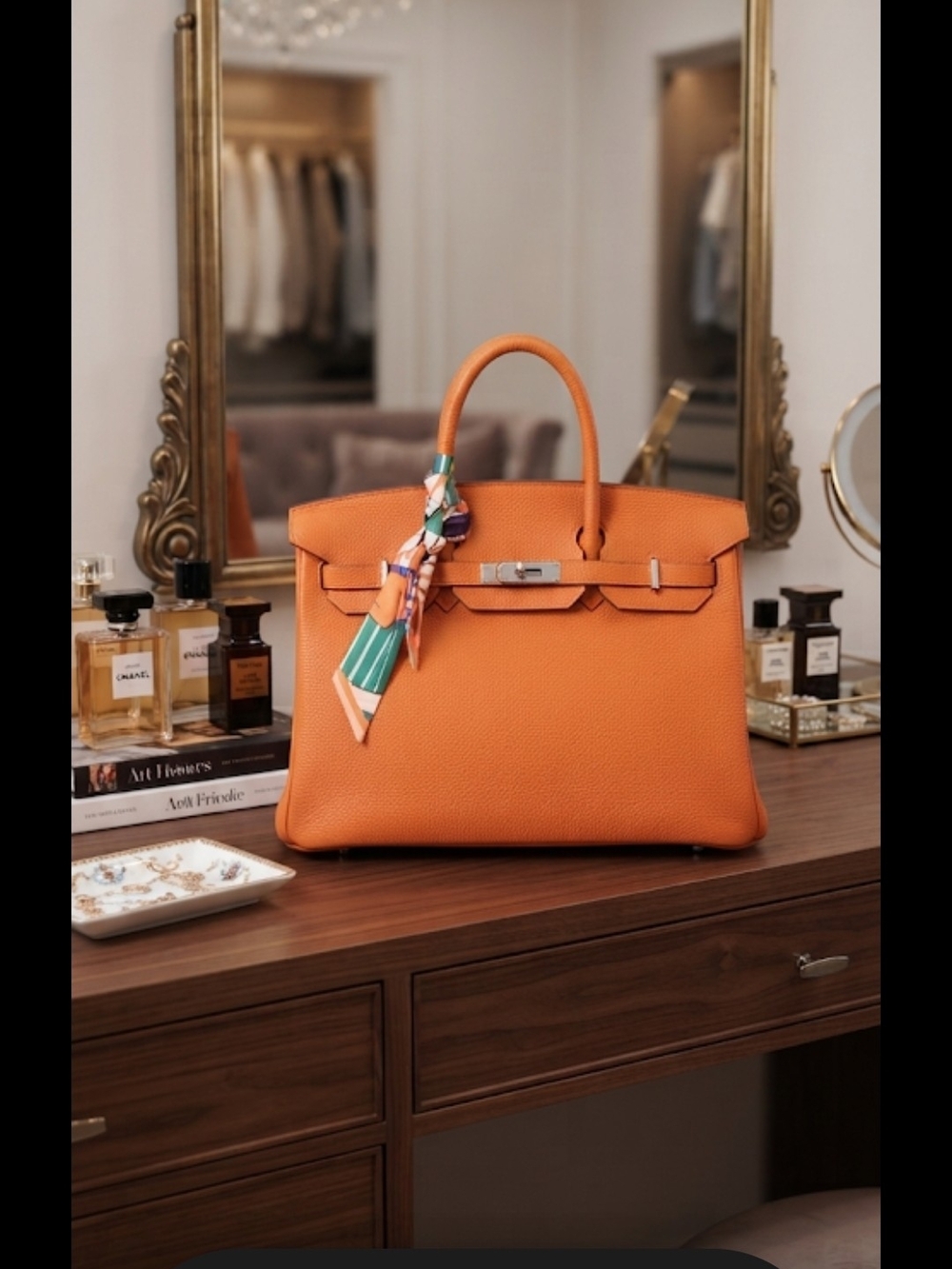 Elegant Orange Leather Tote Bag with Scarf Accent